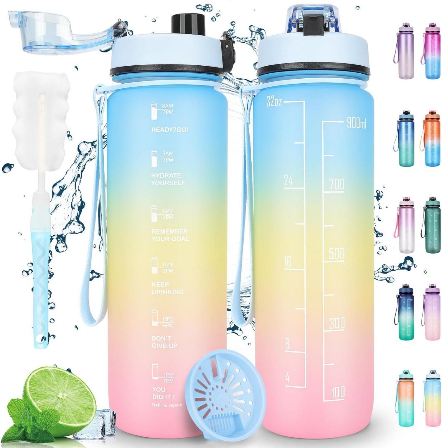 Sport Trinkflasche mit Zeitmarker und Motivationssprüchen 1L