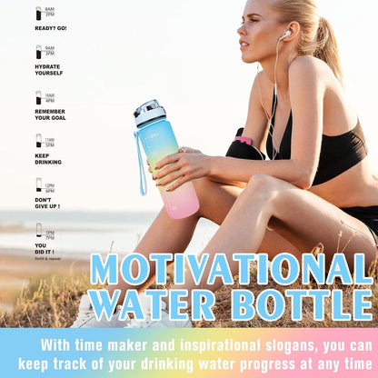 Sport Trinkflasche 1L Auslaufsicher mit Motiv-Zitaten Zeitmarkierung