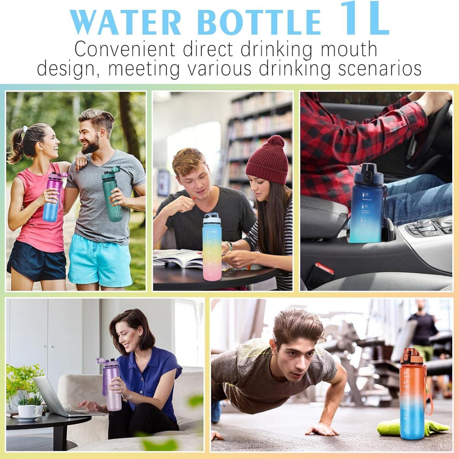 Sport Trinkflasche 1L Auslaufsicher mit Motiv-Zitaten Zeitmarkierung