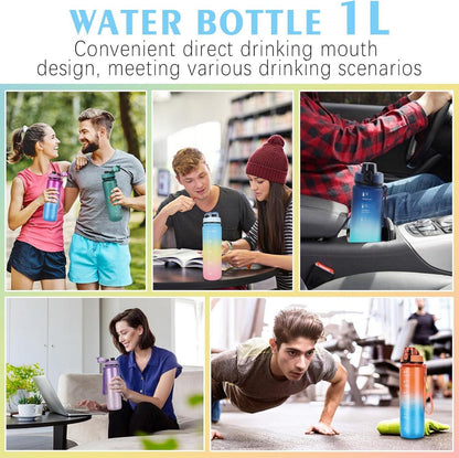 Sport Trinkflasche 1L Auslaufsicher mit Motiv-Zitaten Zeitmarkierung