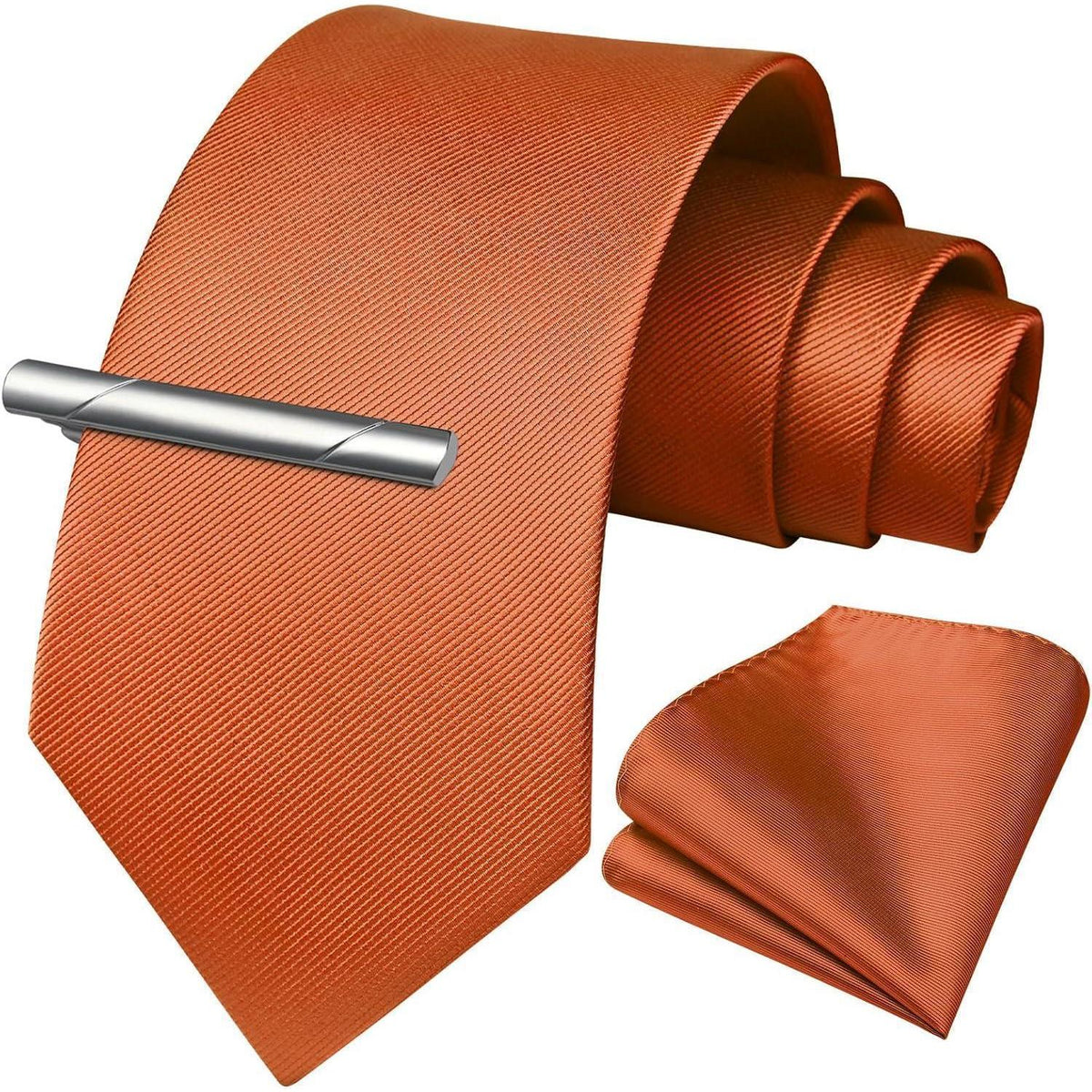 Herren Krawatten-Set mit Einstecktuch und Krawattenklammer, Uni-Farben