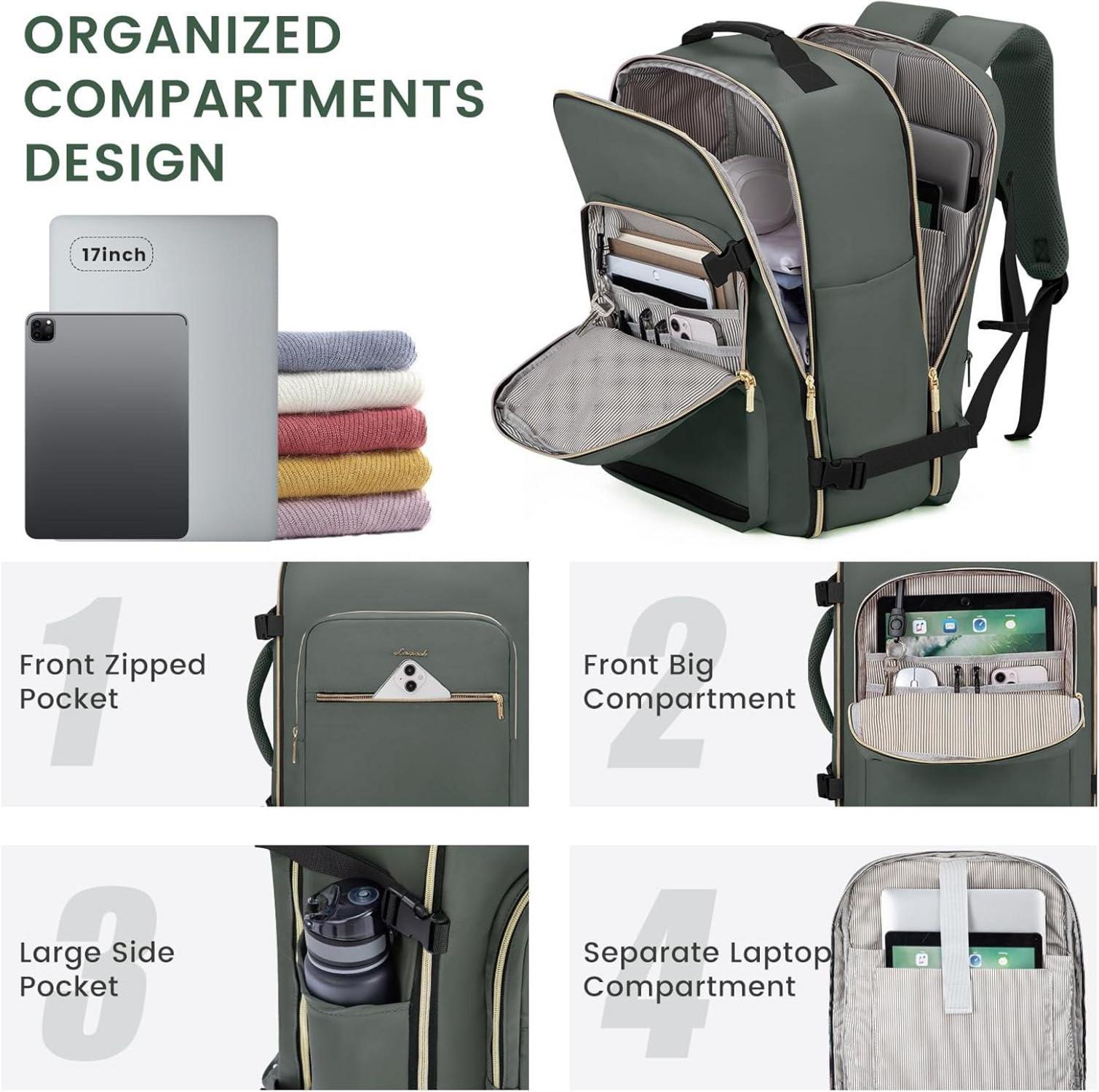 LOVEVOOK Handgepäck Rucksack 40L für Damen, Wasserdicht Reisetasche 17 Zoll Laptop, Travel Backpack Geschäftsreise Wandern Grau Grün