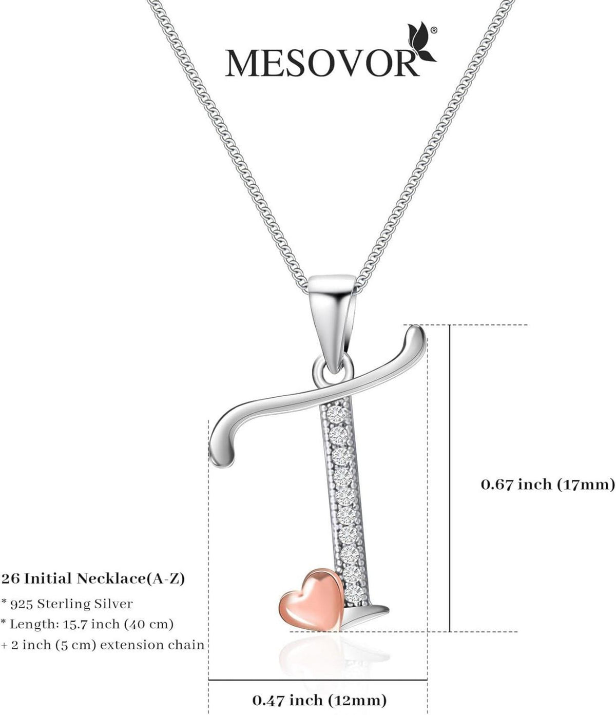 Mesovor Initiale Kette Silber 925 Zirkonia 15,7 Zoll Damen