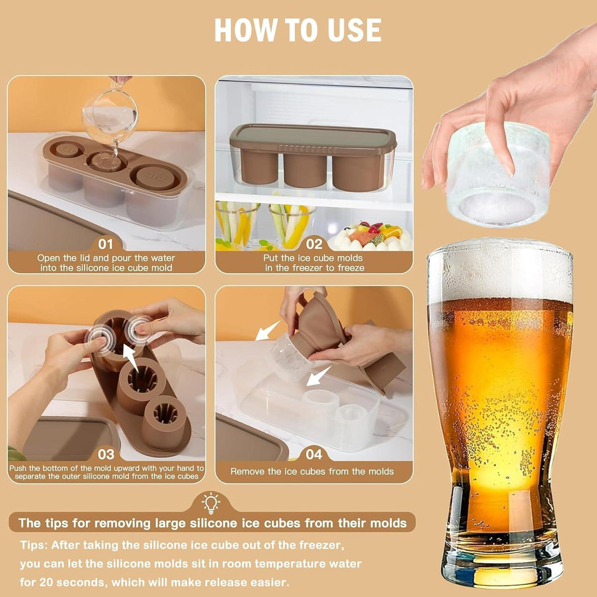 Silikon Eiswürfelbehälter mit Deckel für Tumbler Cup Cocktails Whisky Braun