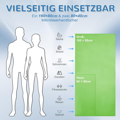 Mikrofaser Handtuch Set 3er: Groß 160×80cm & 2 Klein 80×40cm, Schnelltrocknend & Antibakteriell