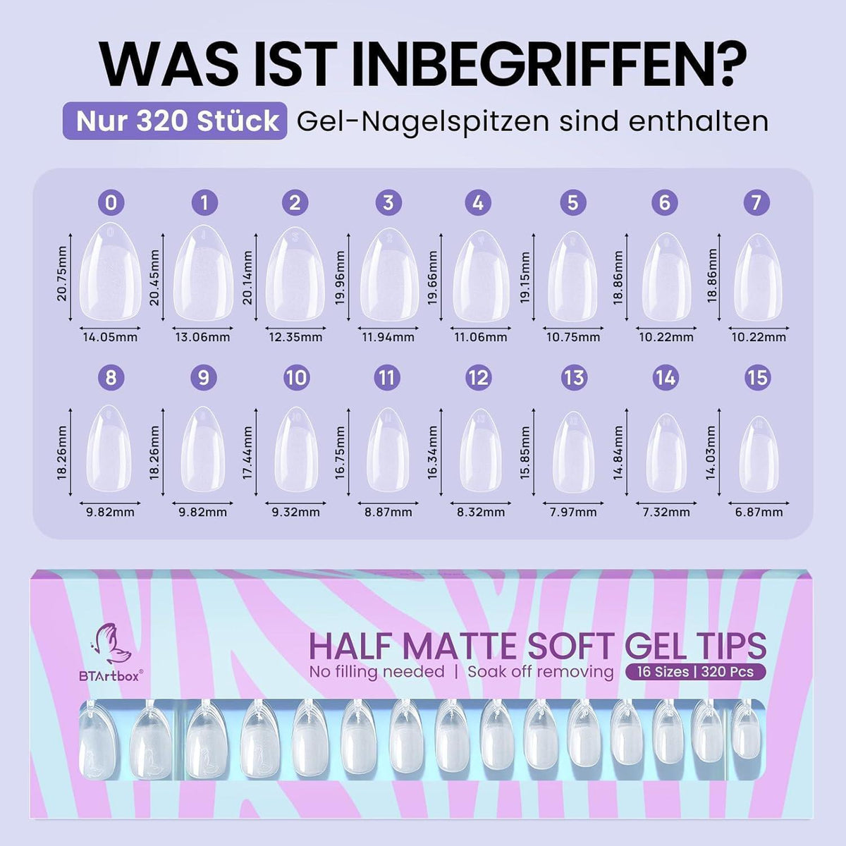Kurz Mandel Nagelspitzen - 320 Stück, 16 Größen, Halbmatte Gelly Nägel