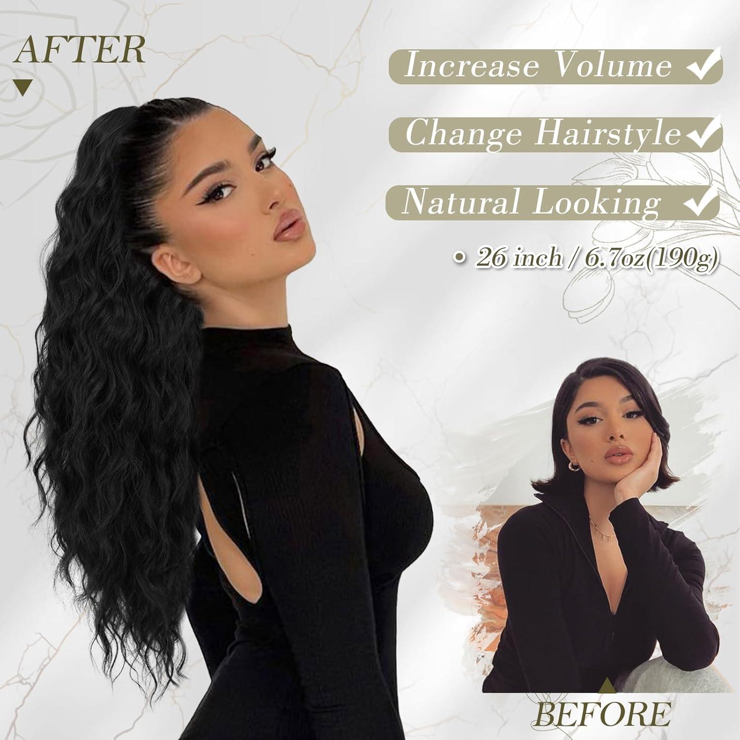 BARSDAR Ponytail Extension Schwarz Braun 66cm Lang Lockige Wellige Pferdeschwanz Haarverlängerung Synthetik Clip in Haarteil