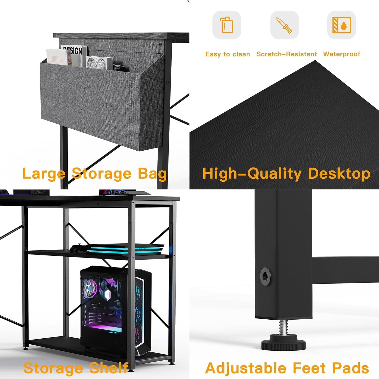 BEXEVUE L-förmiger Schreibtisch 100x70 cm Gaming Tisch Ablagefächer Schwarz