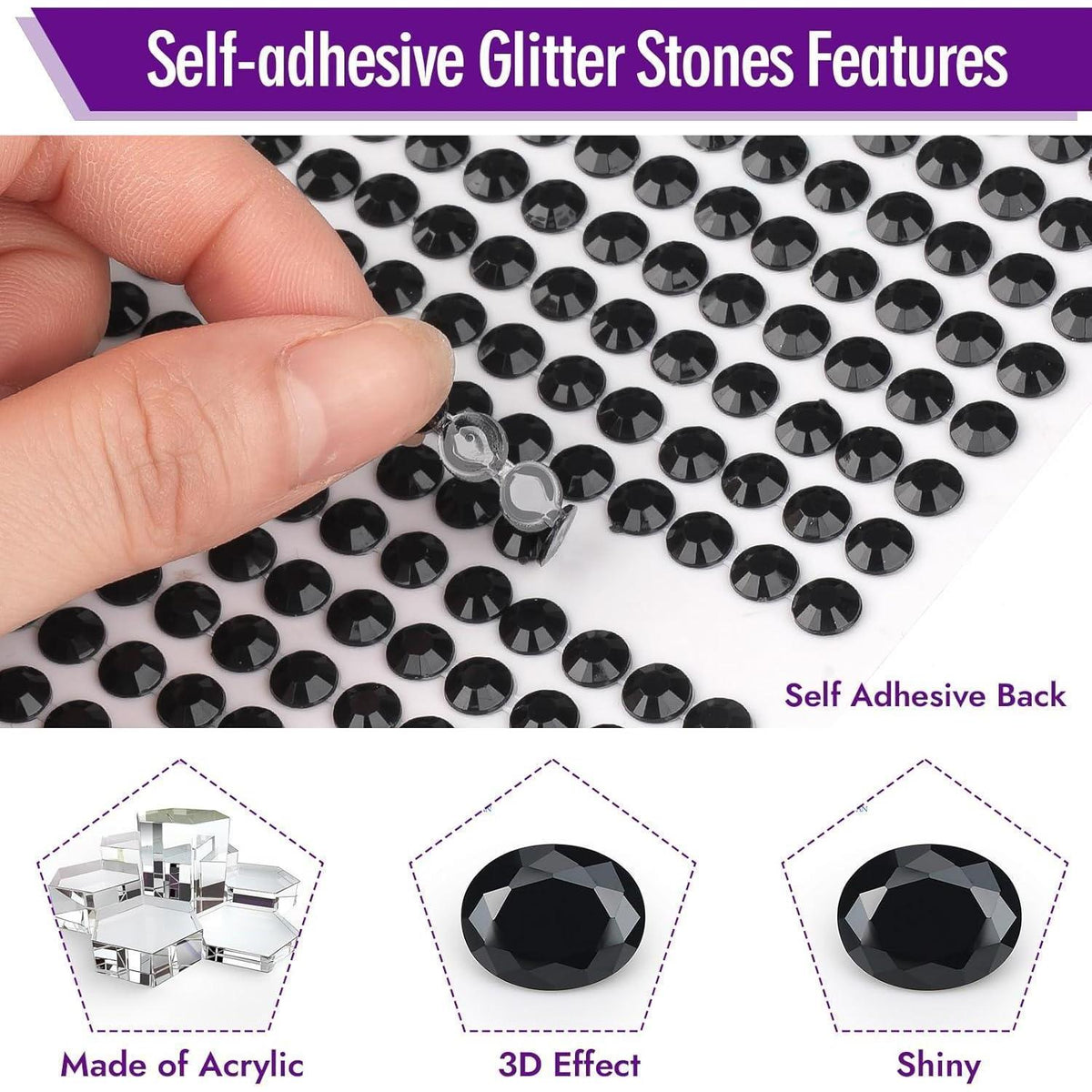 Selbstklebende Glitzersteine 1900 Stück, 3-6mm, Schwarz