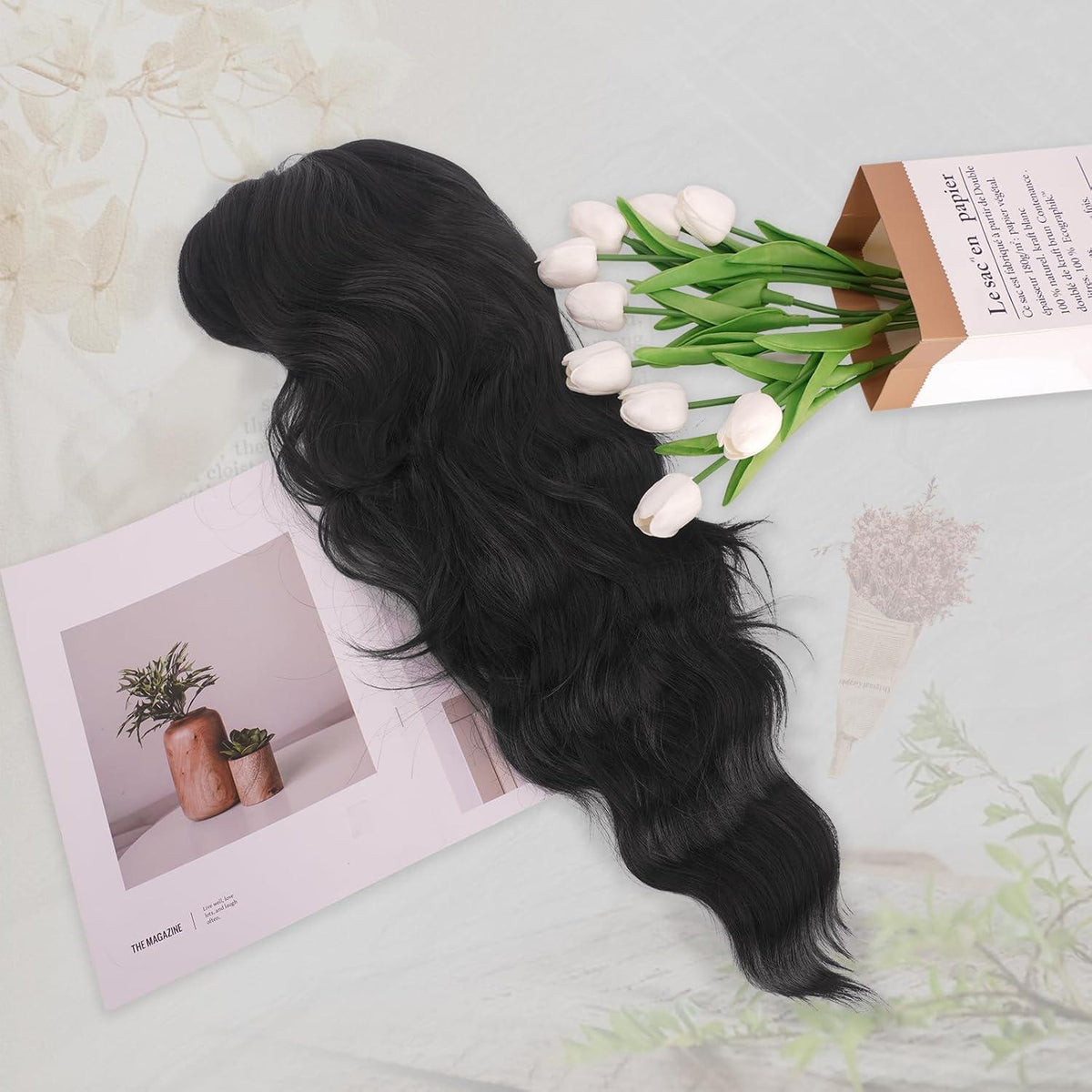 Lange schwarze Perücke mit Pony – Synthetik, gewellt