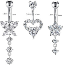 3 Stück Silber Bauchnabelpiercing Set, Chirurgenstahl Herz