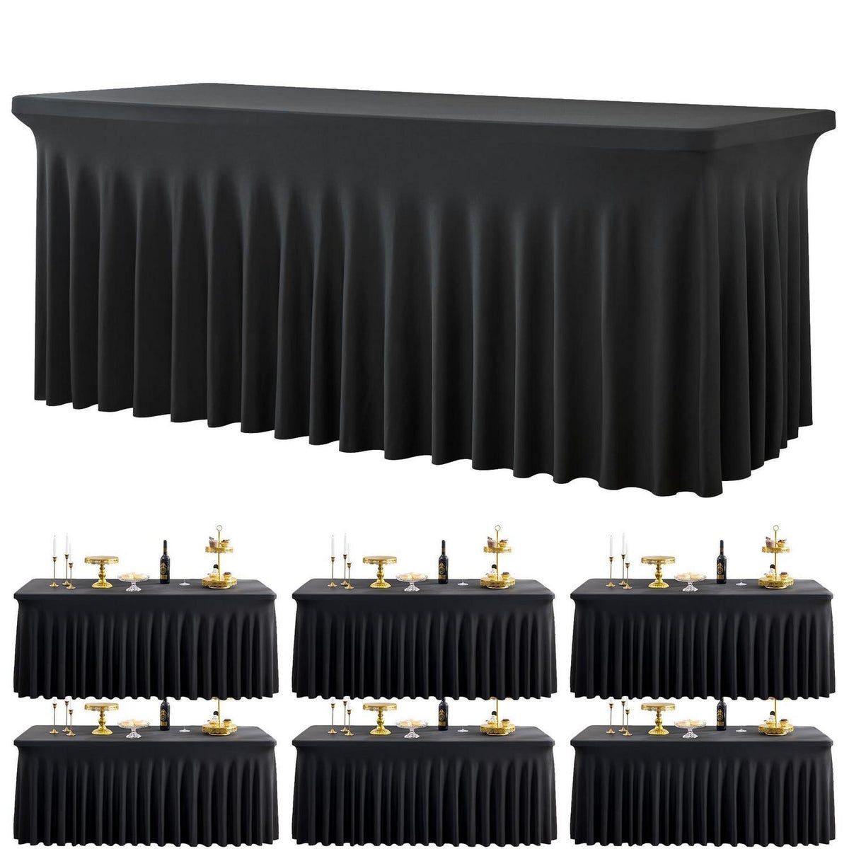 6x Stretch Tischdecke Schwarz Rechteckig 183x76cm