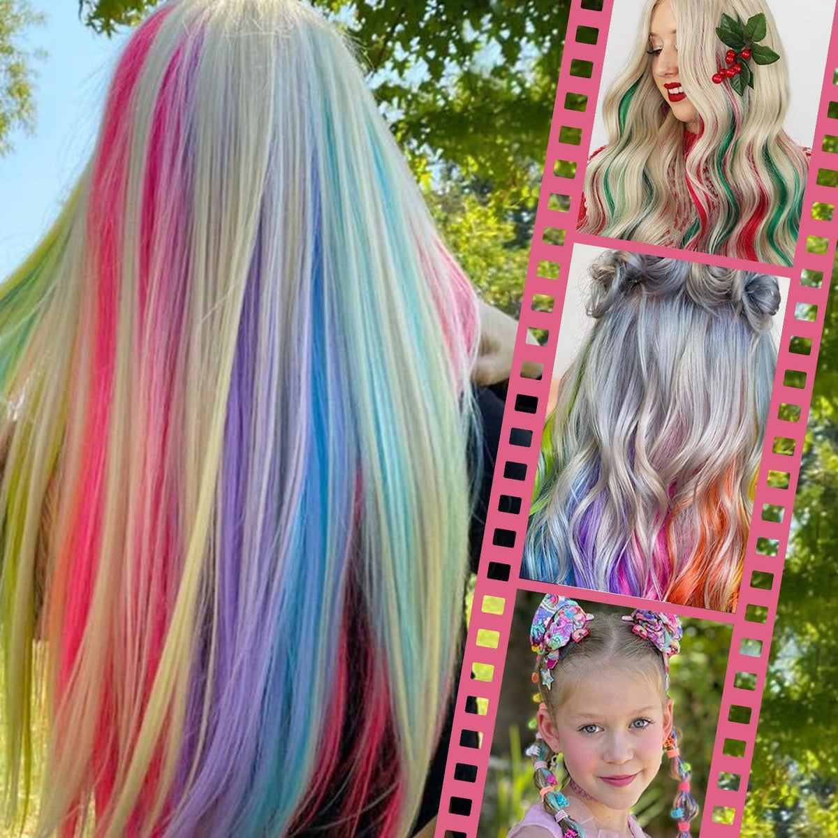 Bunte Haarsträhnen zum Einklipsen – Regenbogenfarben für Kinder