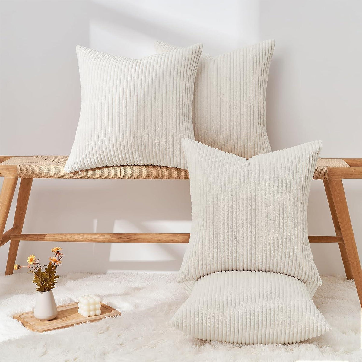 4er Set Samt Kissenbezug 50x50cm Creme - Dekorative
