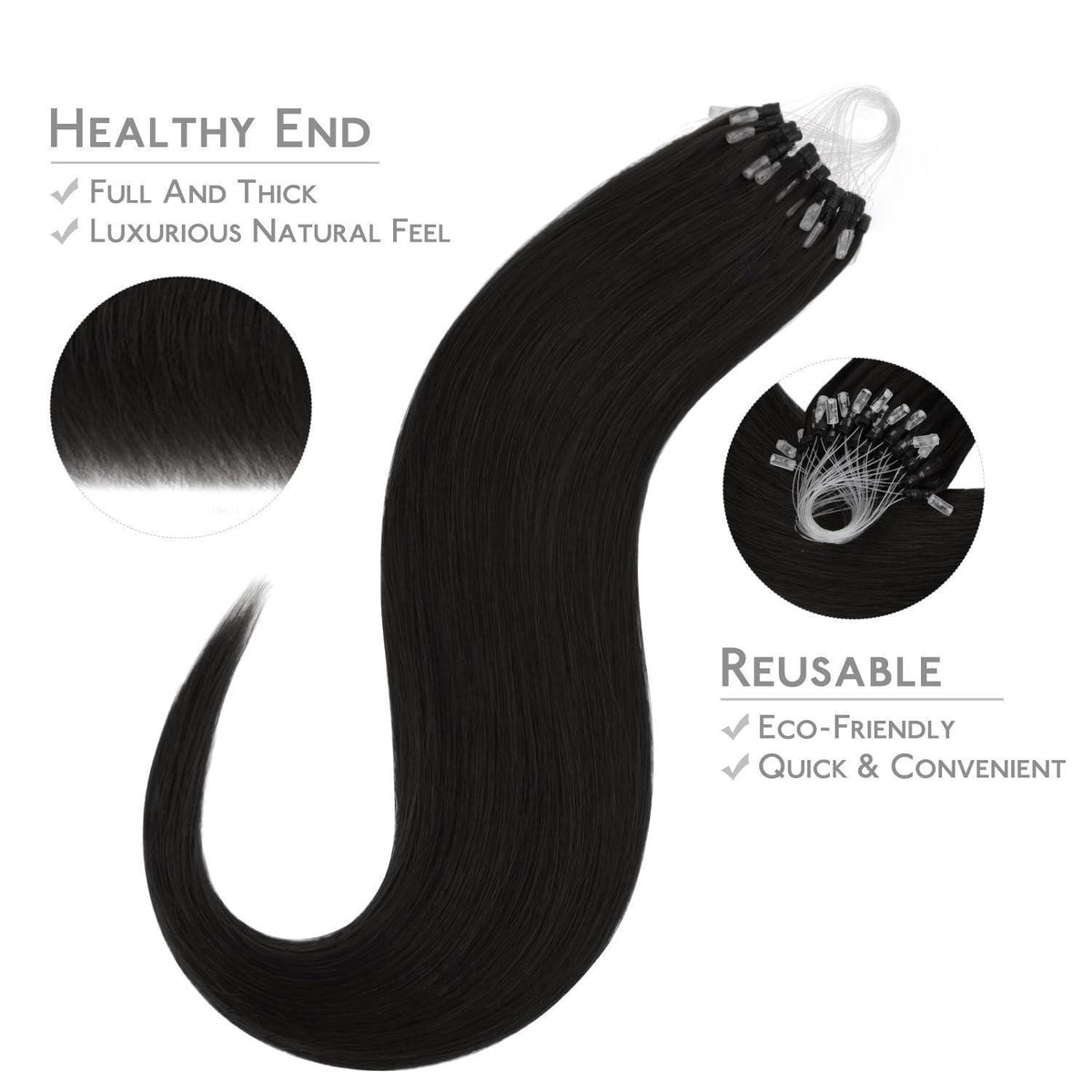 Echthaar Microring Extensions Schwarz 50cm
