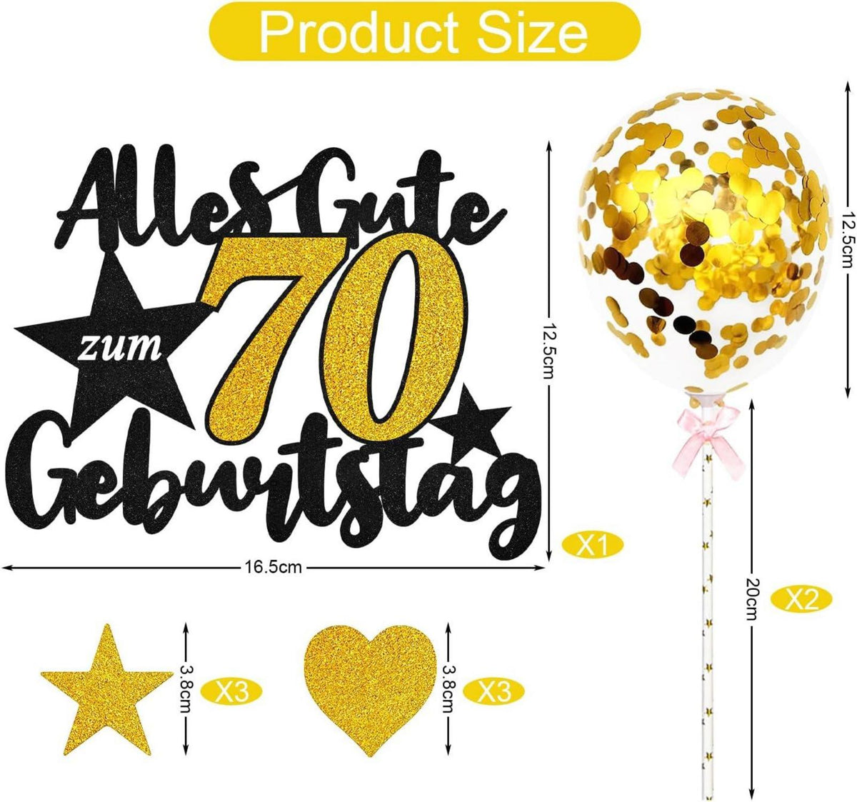 70. Geburtstag Tortendeko Gold Schwarz Luftballons Herz Stern Glitzer