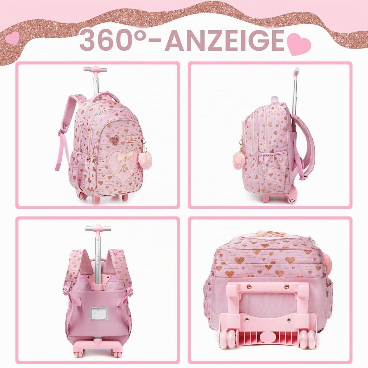 Schulranzen mit Rollen für Mädchen – Rosa Trolley Rucksack