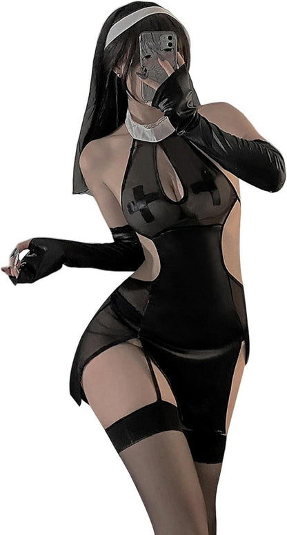 Sexy Nonne Cosplay Dessous Halloween Kostüm Damen Bodysuit Uniform