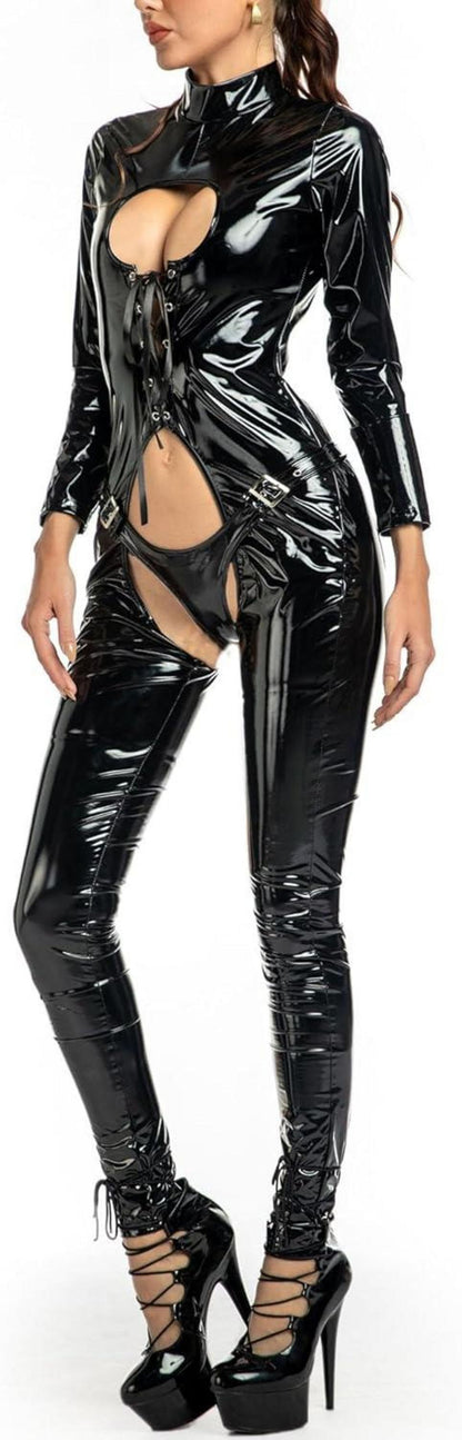 Latex Dessous Frauen Wetlook Bodysuit Reißverschluss Body Clubwear XL