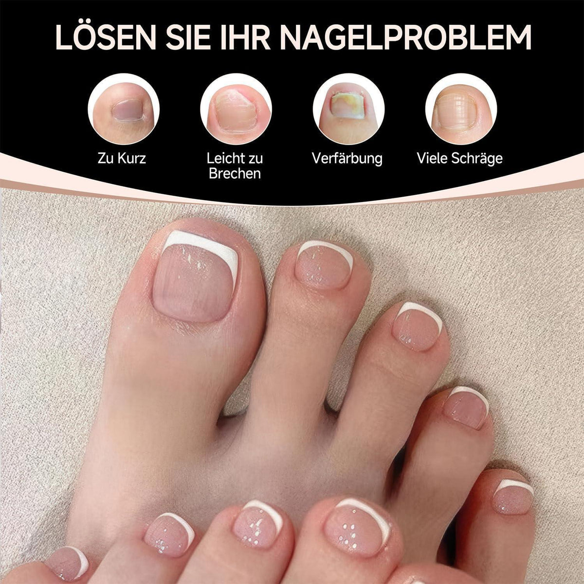 Fußnägel zum Aufkleben 216 Stück – 15 Größen, Klar & Quadratisch