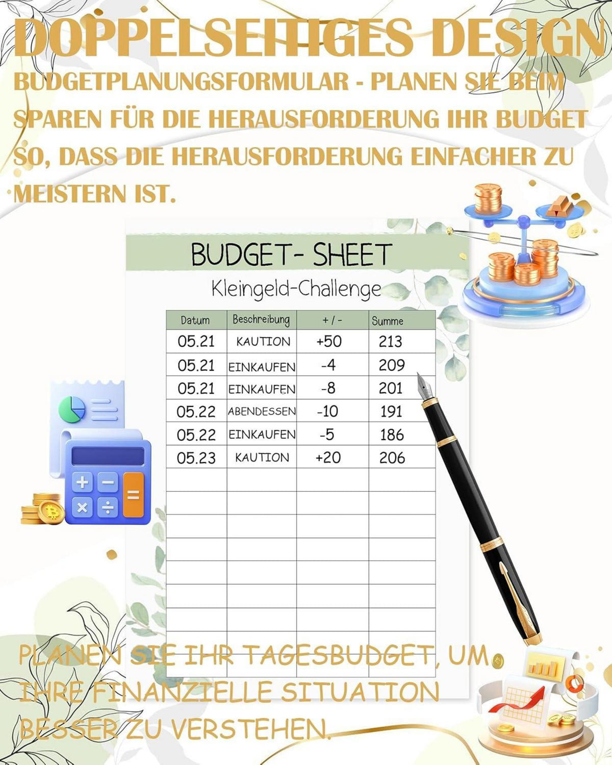 Budget Planner Deutsch-A6 Sparplaner Eukalyptus 24-teilig