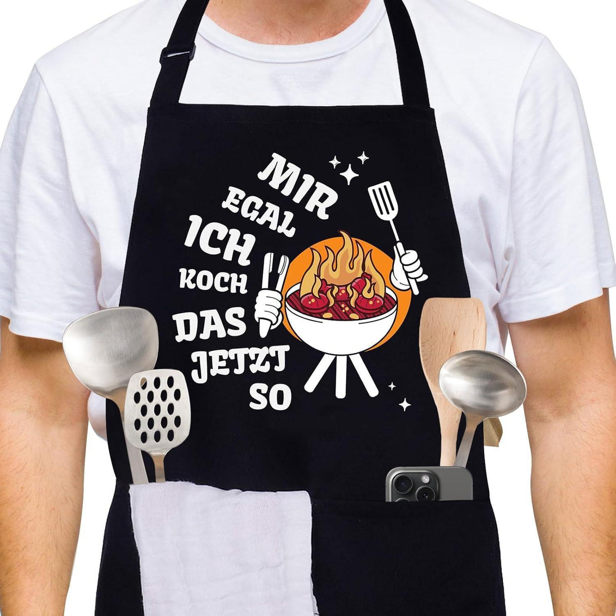 Kochschürze Baumwolle mit Taschen – Schwarz, Verstellbar