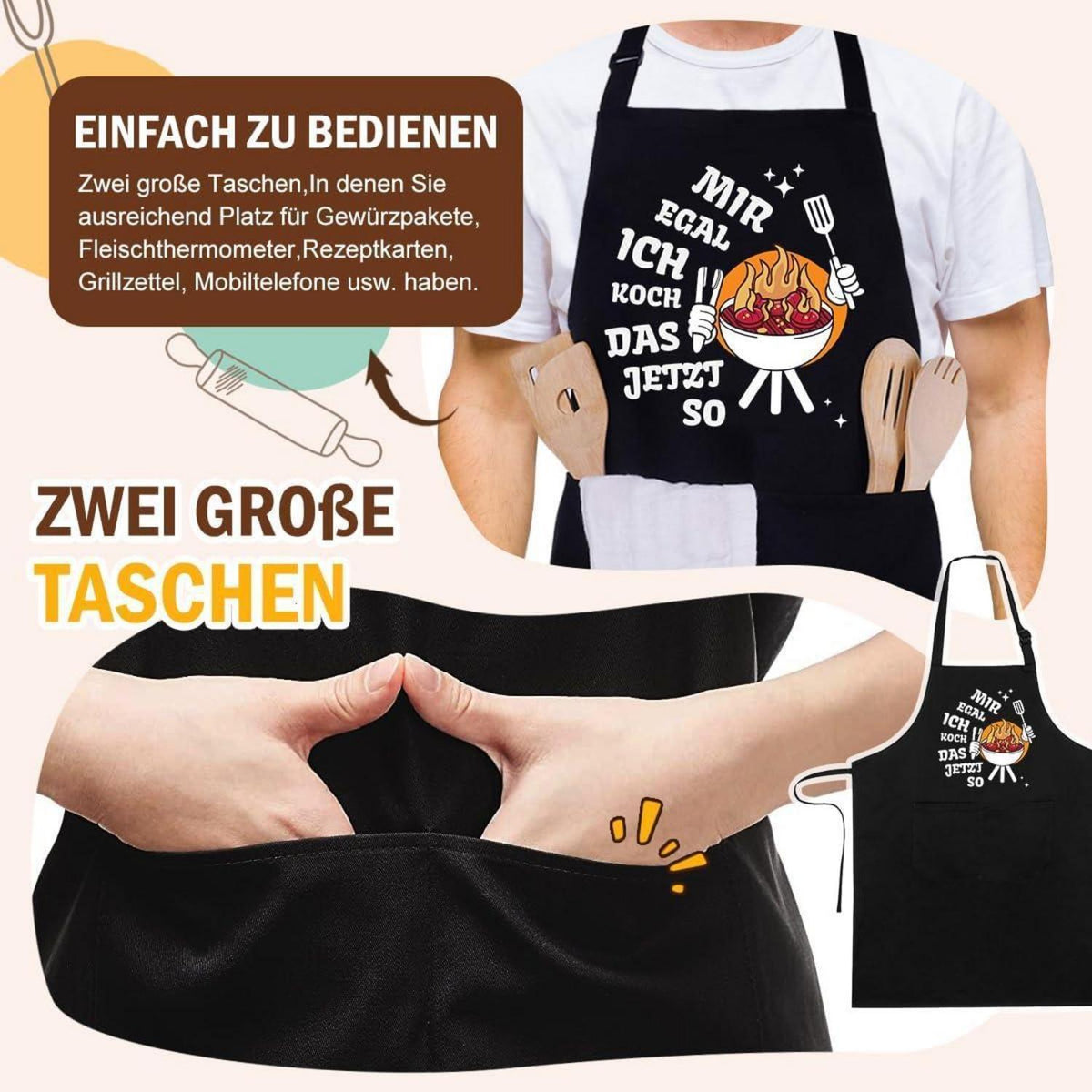 Kochschürze Baumwolle mit Taschen – Schwarz, Verstellbar