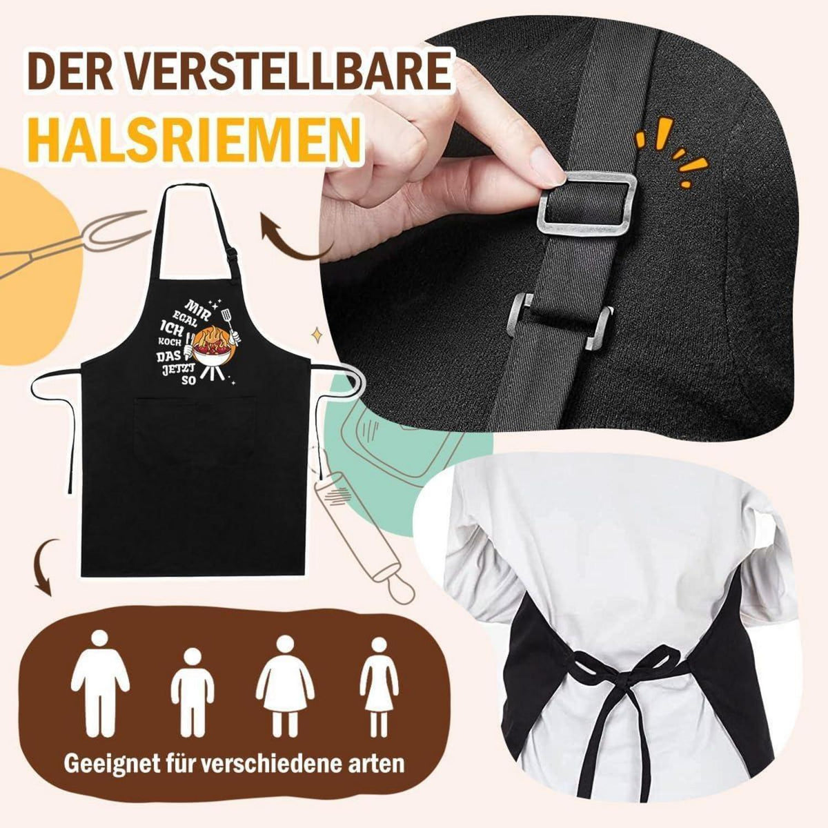 Kochschürze Baumwolle mit Taschen – Schwarz, Verstellbar