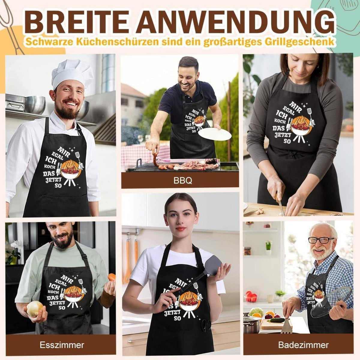 Kochschürze Baumwolle mit Taschen – Schwarz, Verstellbar