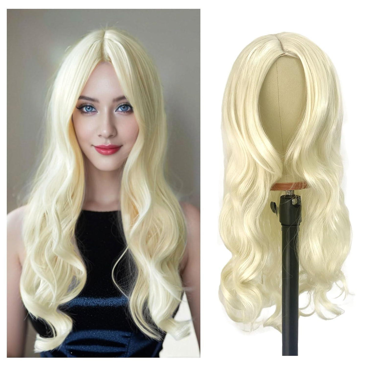 Platinblonde Lange Lockige Perücke 27’’ Hitzebeständig Cosplay Karneval