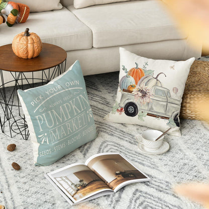 Herbst Kissenbezüge Set Eukalyptus Blätter Kürbisse LKW 50x50cm Blau