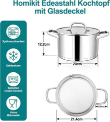 Homikit 20cm Kochtopf, 3,8L Edeastahl Nudeltopf Induktion