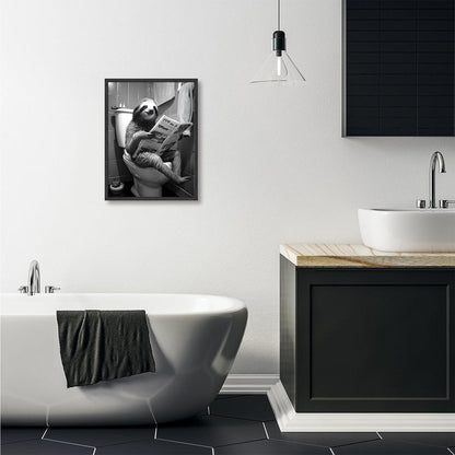 Faultier Toilette Zeitung Lustiges Schwarz-Weiß Wandposter 12x16