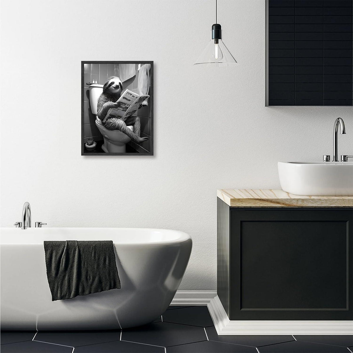 Faultier Toilette Zeitung Lustiges Schwarz-Weiß Wandposter 12x16