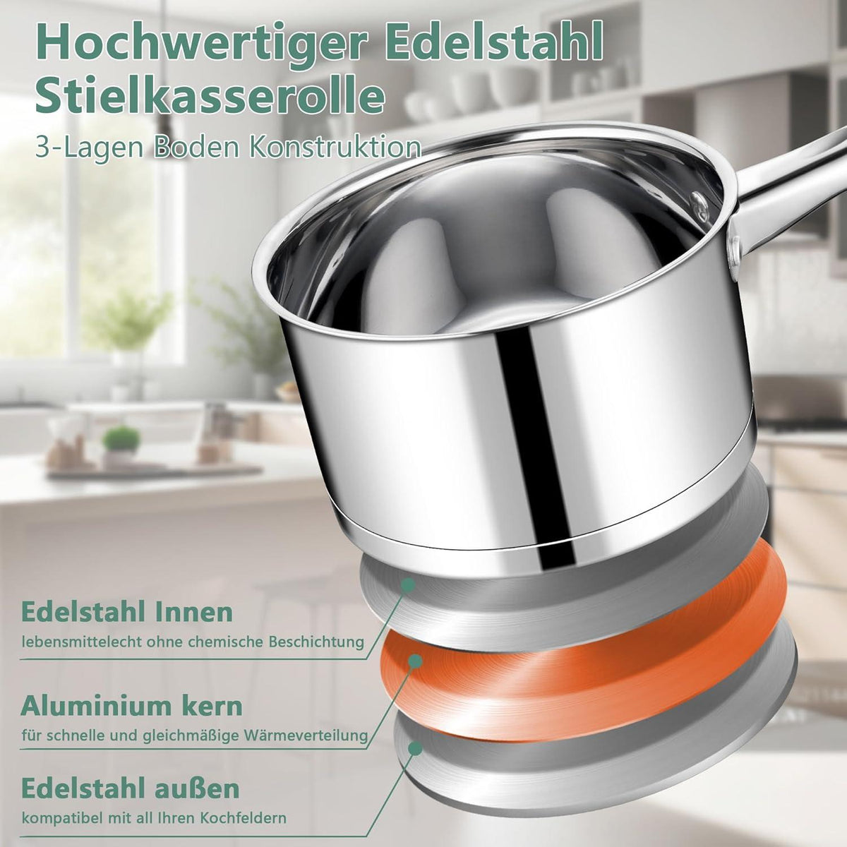 Edelstahl Stielkasserolle mit Glasdeckel und 3-Lagen Boden 16cm