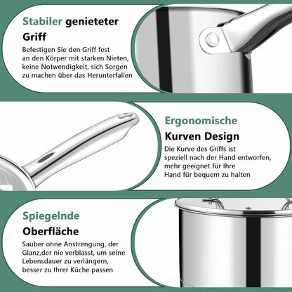 TEAMFAR Stielkasserolle 16cm Edelstahl mit Glasdeckel für alle Herdarten 1,9L