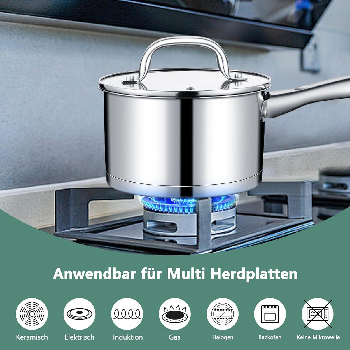 Stielkasserolle 16cm Edelstahl Induktion Glasdeckel 1,9L Spülmaschinenfest