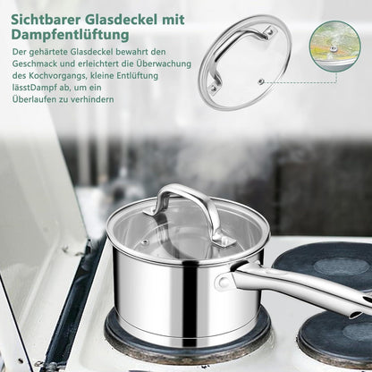 Stielkasserolle 16cm Edelstahl Milchtopf Induktion 3-Lagen Boden 1,9L