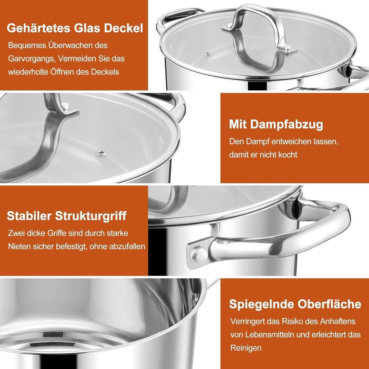Großer Edelstahl Kochtopf 7,6L mit Glasdeckel, Induktion