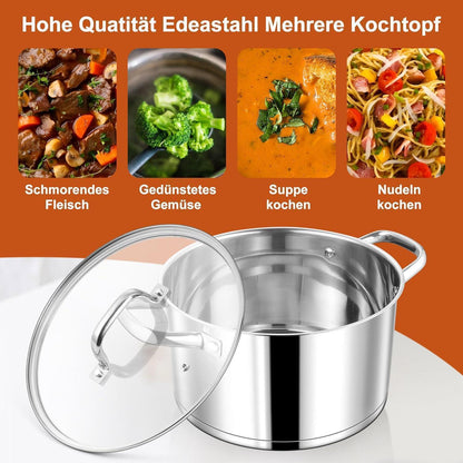 Großer Edelstahl Kochtopf 7,6L mit Glasdeckel, Induktion
