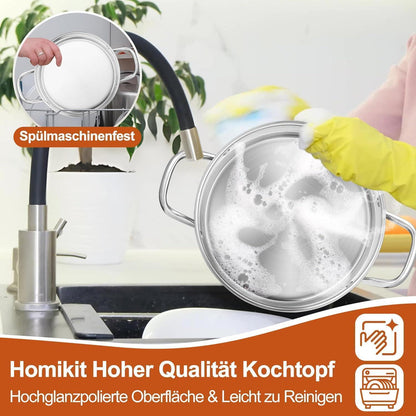 Großer Edelstahl Kochtopf 7,6L mit Glasdeckel, Induktion