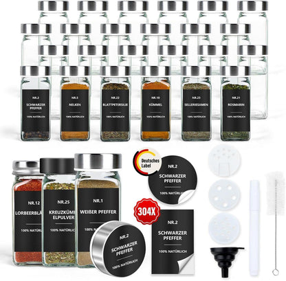 24er Set Gewürzgläser Eckig mit Etiketten - 120ml Glas Streueinsatz