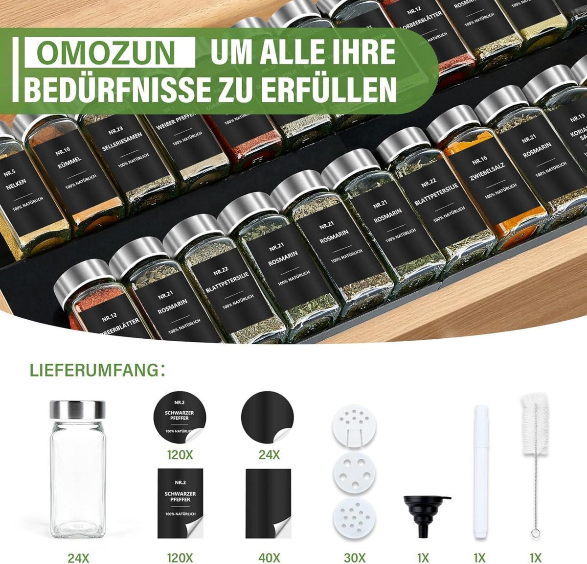 24er Set Gewürzgläser Eckig mit Etiketten und Streueinsatz
