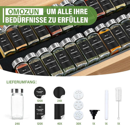 24er Set Gewürzgläser Eckig mit Etiketten und Streueinsatz