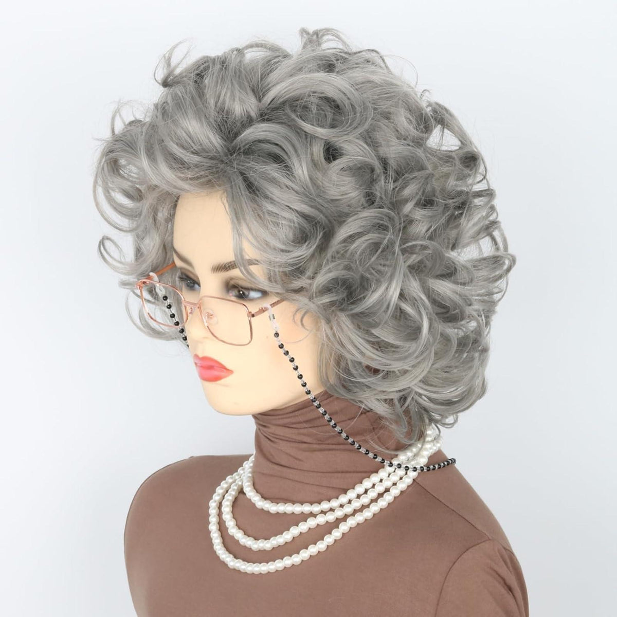 Oma Perücken Set mit Brille & Perlenkette - Grau