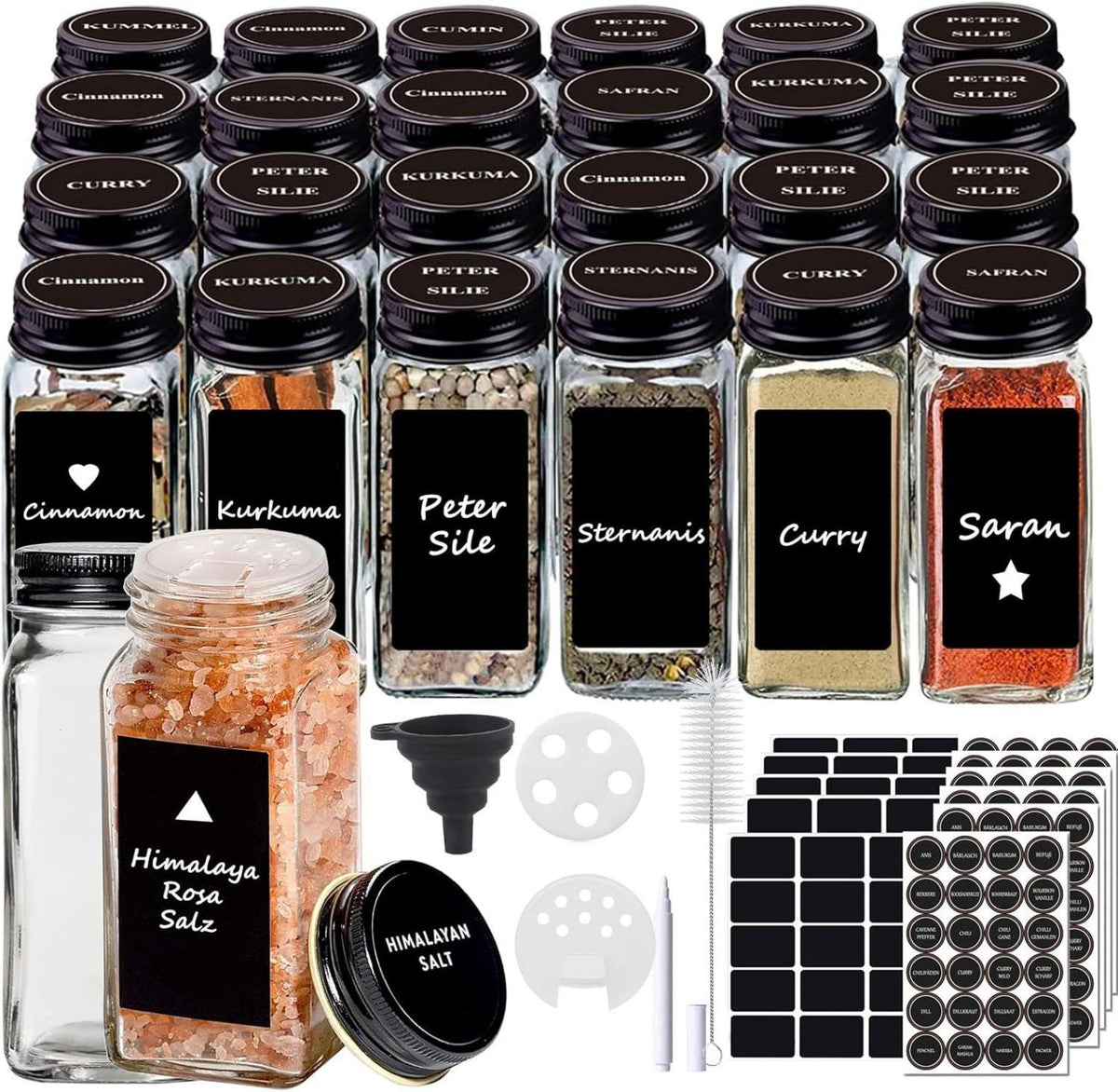 Glas Gewürzgläser Set 24-tlg. mit Streueinsatz & Etiketten