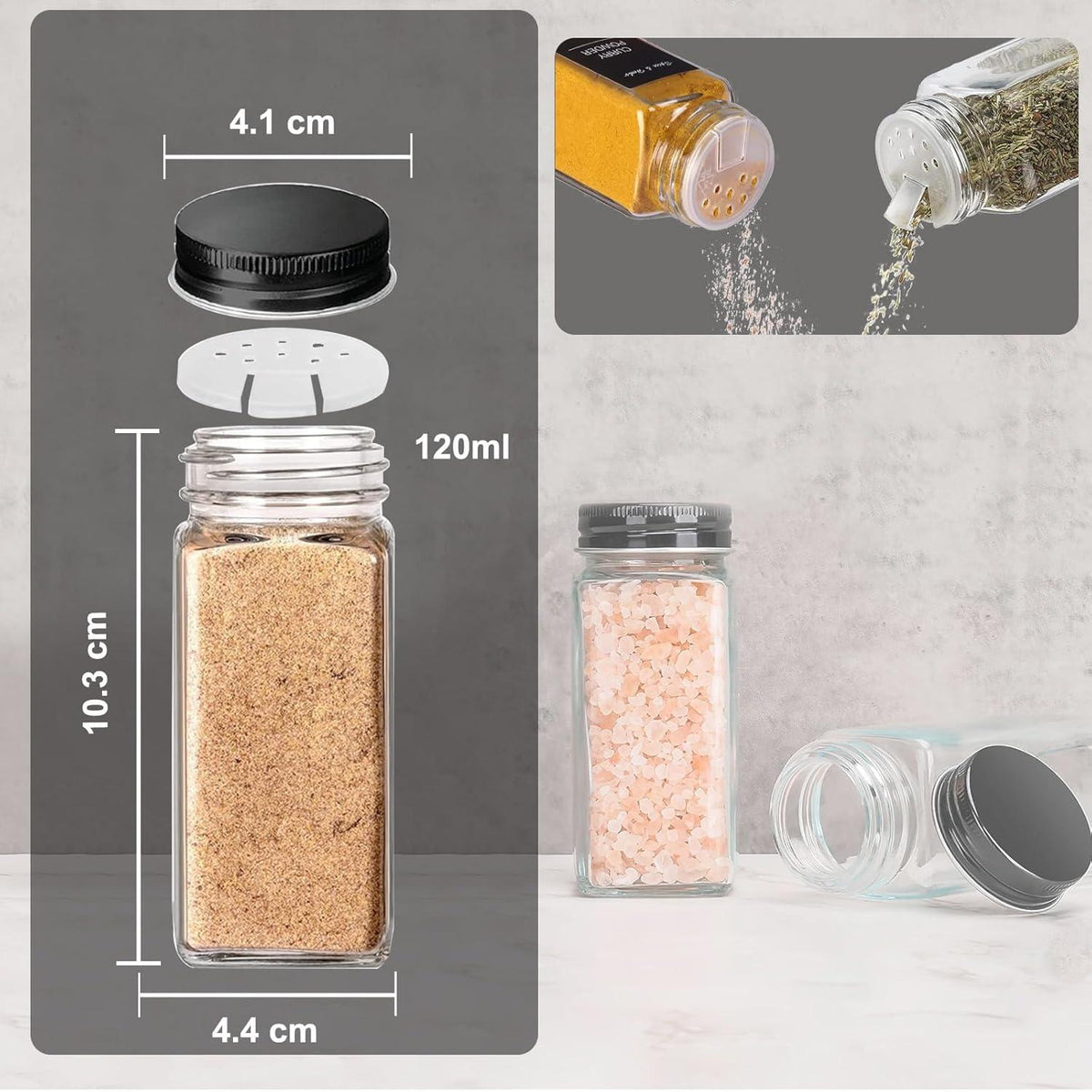24er Set Gewürzgläser 120ml Glas Schwarz Deckel Streueinsatz Etikett