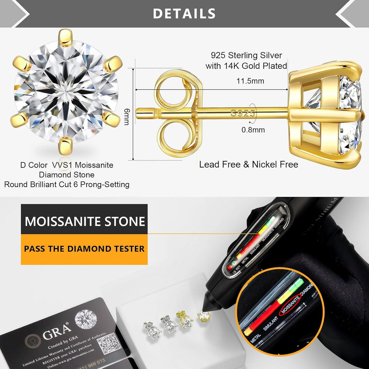 Moissanite Ohrringe Silber Damen D VVS1 14K Gold 1,2ct 6 mm