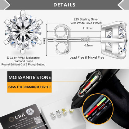Moissanite Ohrringe 925 Silber Damen VVS1 D 14K Gold 6mm 1,6ctw 0,80ct