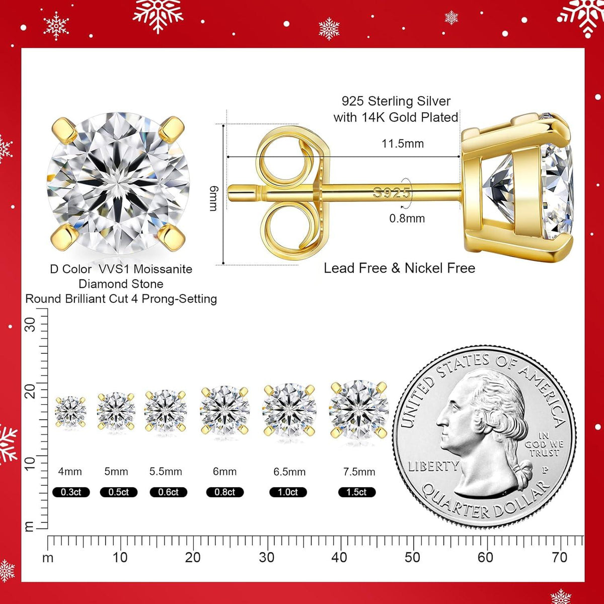 925 Silber Moissanite Ohrringe Damen, 0,6/1/1,2/1,6/2/3ct, VVS1 D